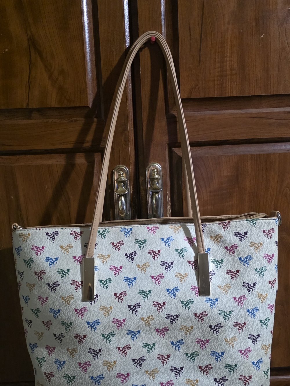 Women's Multicolor Patterned Tote Bag - Cream